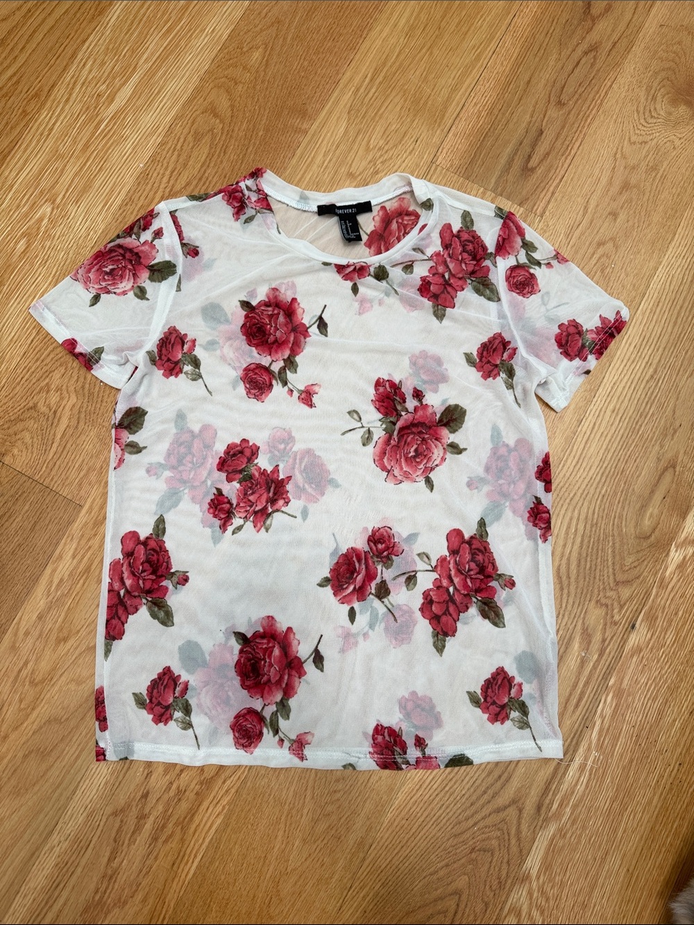 Forever 21 White Mesh Short Sleeve Top with Red Rose Print
